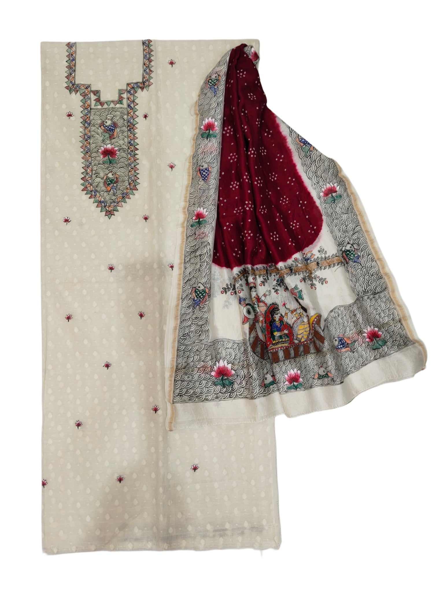 Unstitched Hand-painted Madhubani Radha Krishna Suit Set on Chanderi in Ivory & Maroon